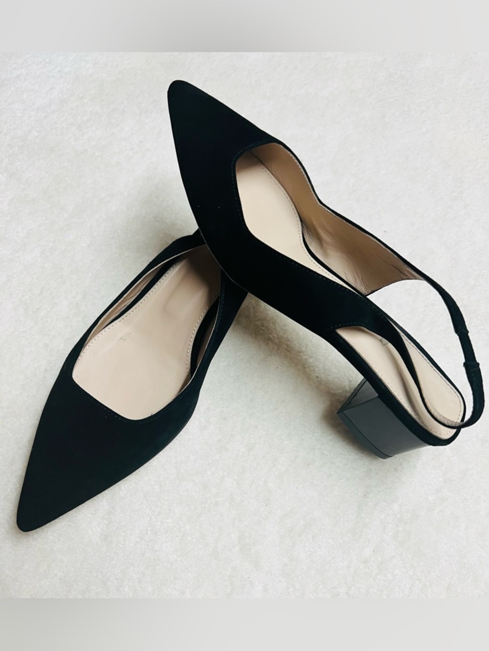 Theory Black Suede Pumps Pointed Slingback Block Heels